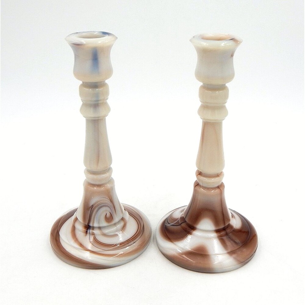 LE Smith Shiny Slag End Of Day Brown Tan Swirl Glass 7.75" Candlestick Holders